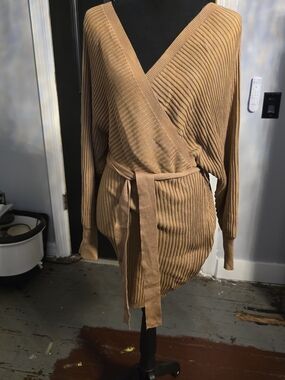Love Tree Ribbed V-Neck Wrap Sweater in Camel/Tan